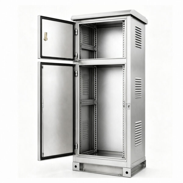 8793f10236605daf691572e3a6f4c17d Open stainless steel two-compartment electrical cabinet with side ventilation louvers and mounting rails