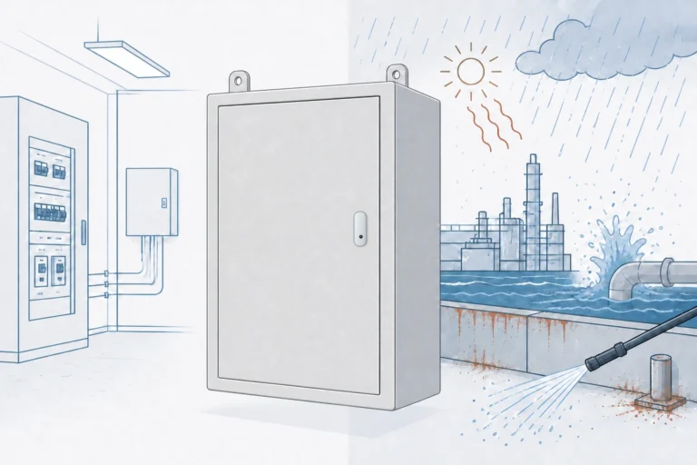 Side-by-side electrical enclosures illustrating a controlled indoor Type 1 route and a water- or corrosion-exposed Type 4X route.