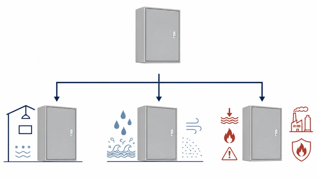 - Two electrical enclosure selection paths compare controlled indoor conditions with outdoor, washdown, and corrosive exposure.