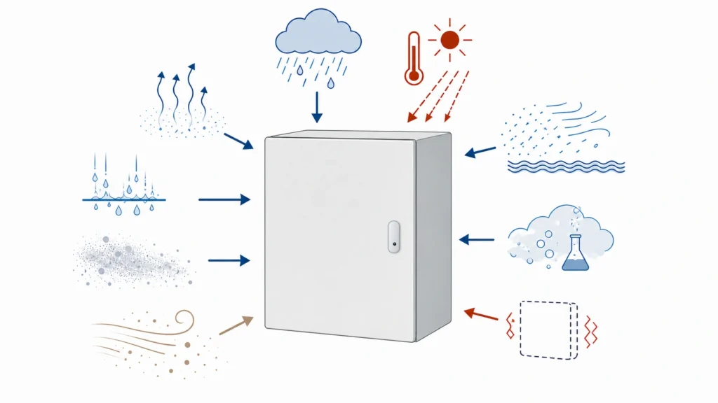Electrical enclosures in indoor and outdoor settings with rain, spray, dust, humidity, vibration, and corrosive agents identified as exposure factors.