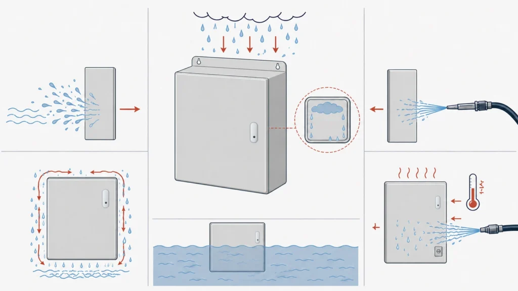 Diagram comparing rain, splash, hose-directed water, washdown, hot water, and immersion around an electrical enclosure.