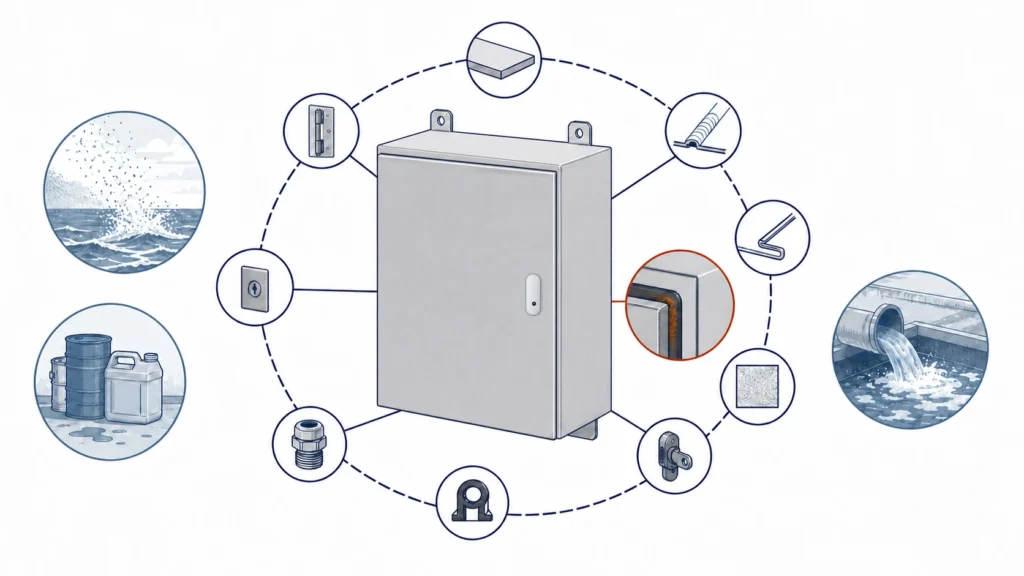 Stainless steel electrical enclosure with material grade, welds, surface finish, fasteners, seams, cable entries, and cleaning chemistry identified as corrosion factors.