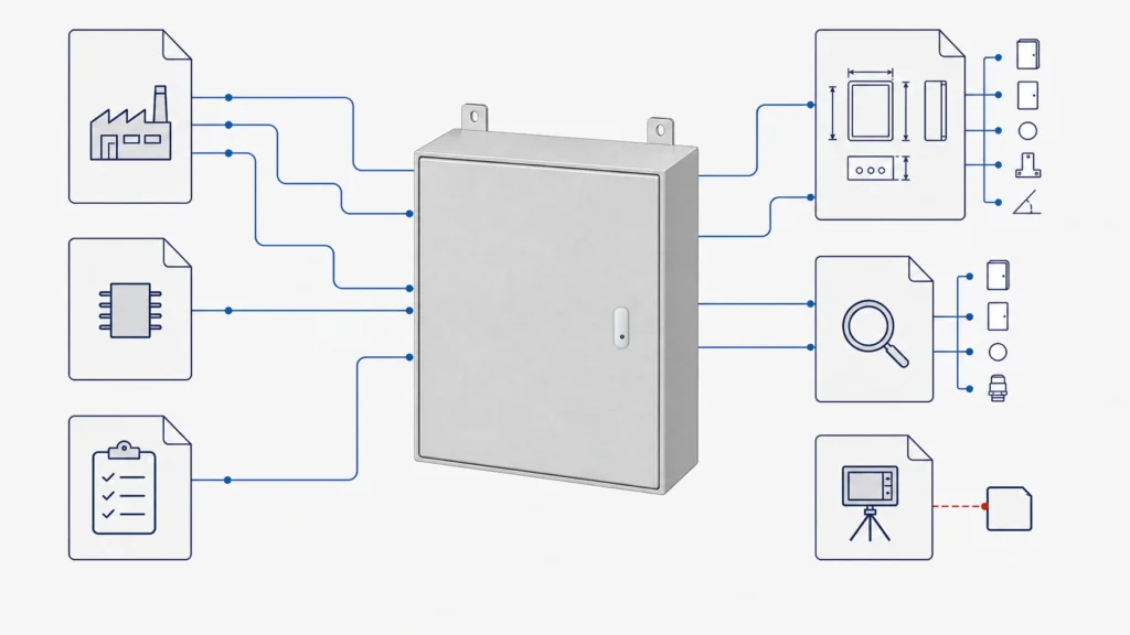 - Electrical enclosure review showing a drawing, datasheet, inspection record, test report, and certification scope compared with the finished configuration.