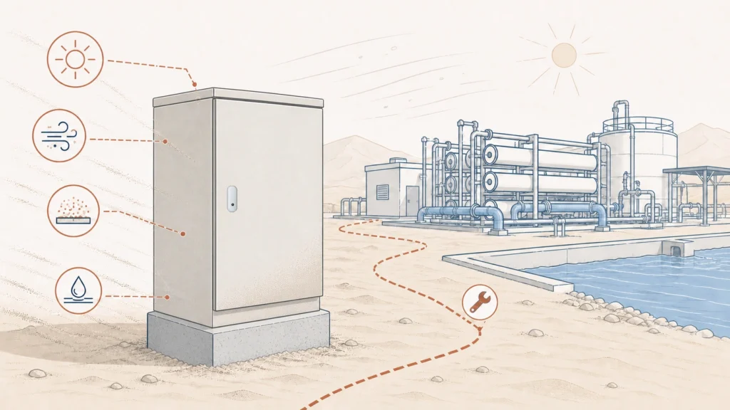 Outdoor electrical enclosure in a desert desalination plant environment with intense sunlight, airborne dust, sand, and high ambient heat.