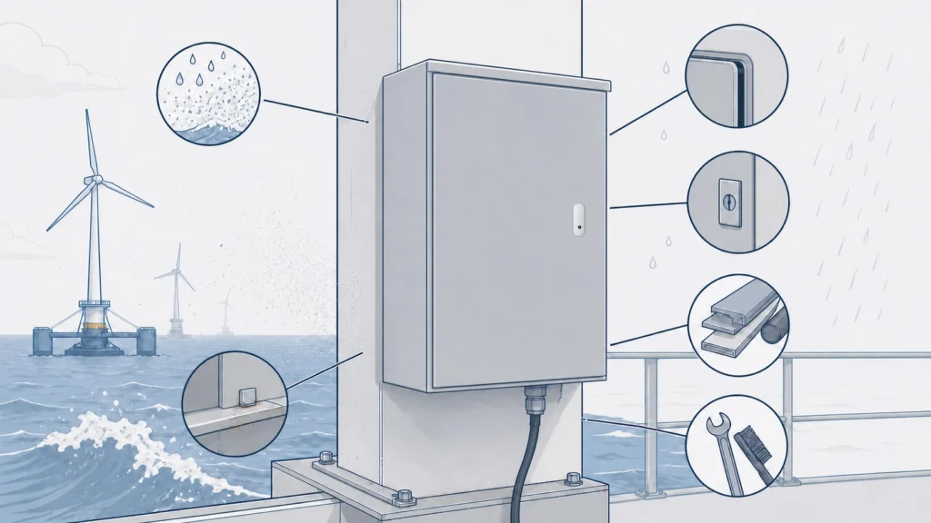 Electrical enclosure in a floating offshore wind setting exposed to marine water, salt air, corrosion, wind, and demanding service conditions.