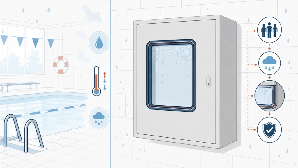 - Indoor electrical enclosure with an LCD near a swimming pool, highlighting humidity, condensation, and splash exposure.