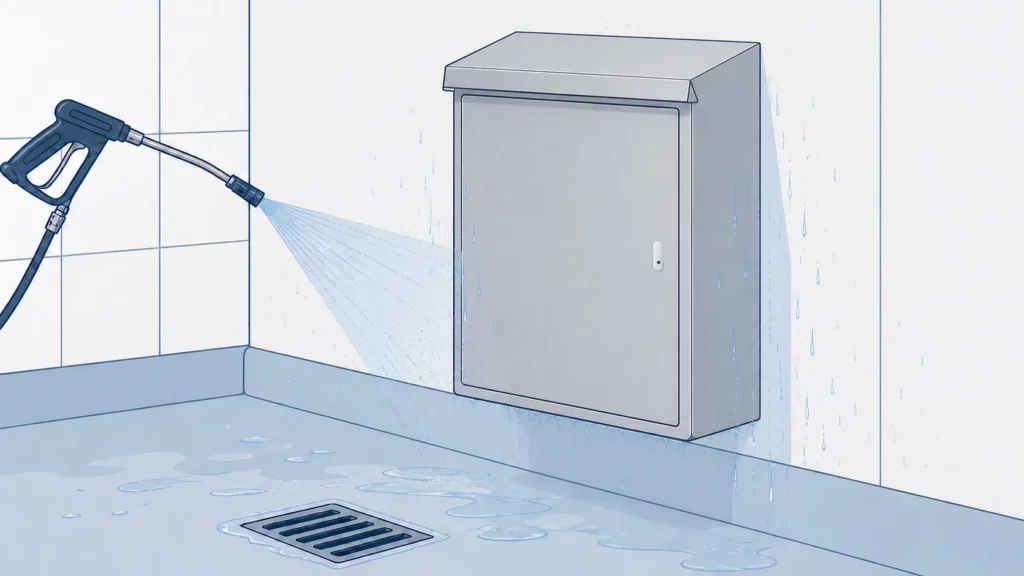Stainless steel electrical enclosure in a food or pharmaceutical washdown area with a forward water-shedding hood, flat metal lock, and sealed front boundary.