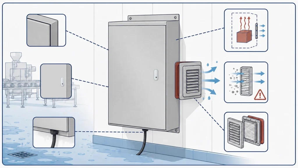 - Food-processing electrical enclosure with forced-air ventilation and a cable-entry interface, showing the balance between heat removal and enclosure sealing.