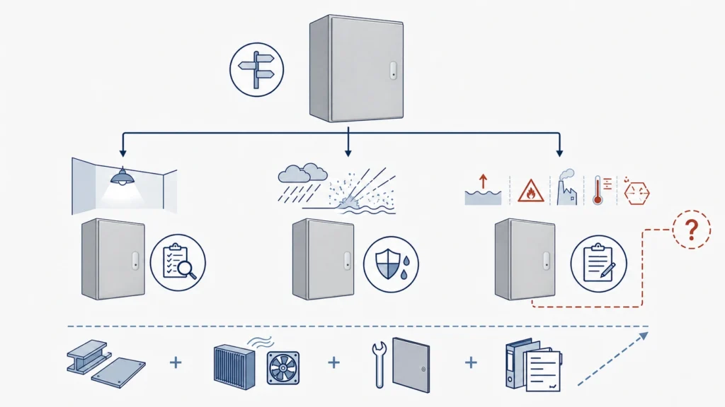- Electrical enclosure decision paths branching to hazardous-location, fire-integrity, immersion, impact, IP, and project-specific requirements.