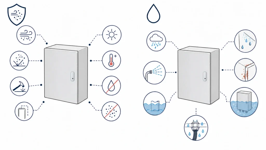 - Visual comparison of NEMA and IP enclosure classification systems, showing that the two rating frameworks are not interchangeable.