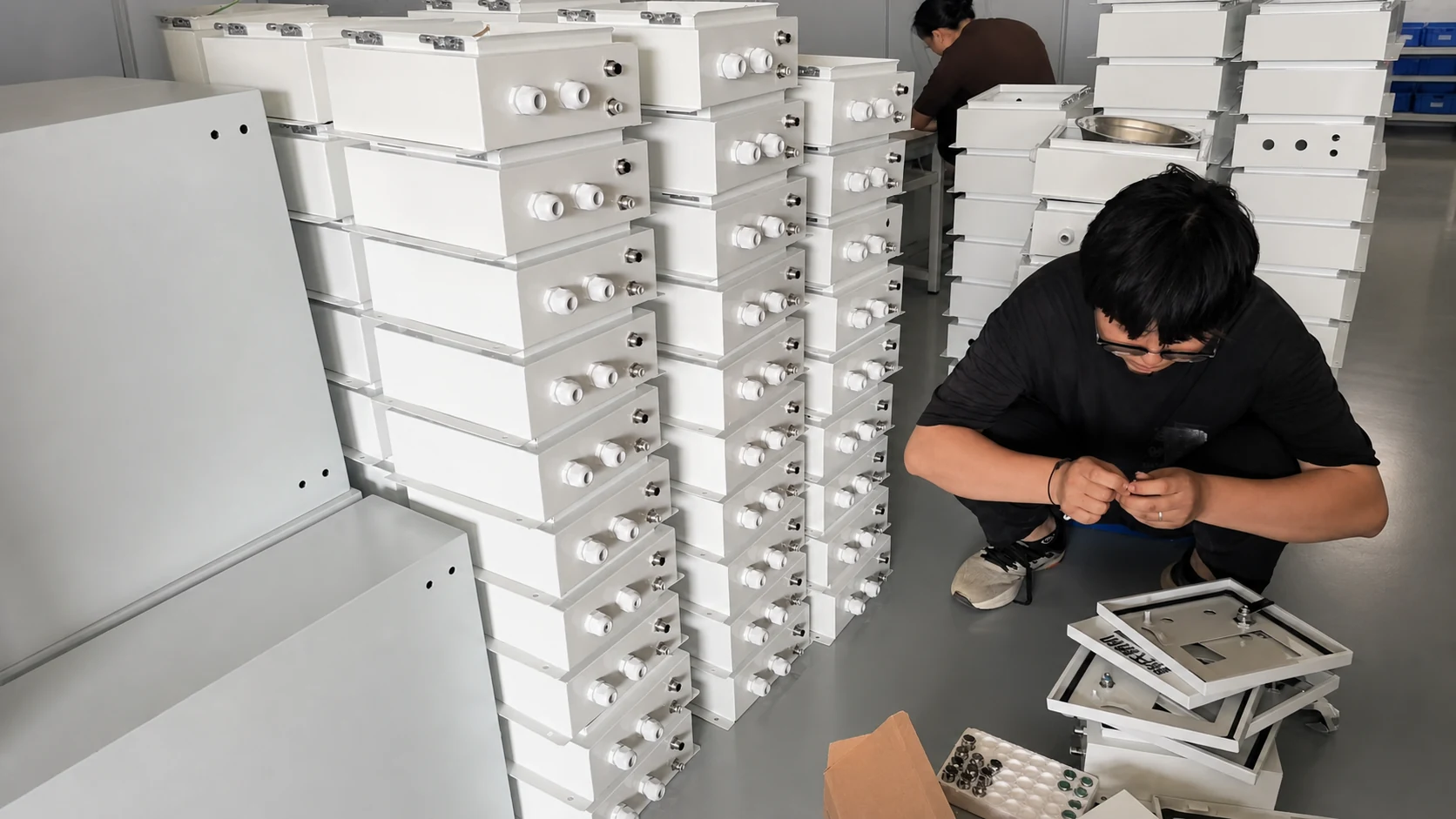 Workers assembling cable glands and hardware on white electrical enclosures in the factory