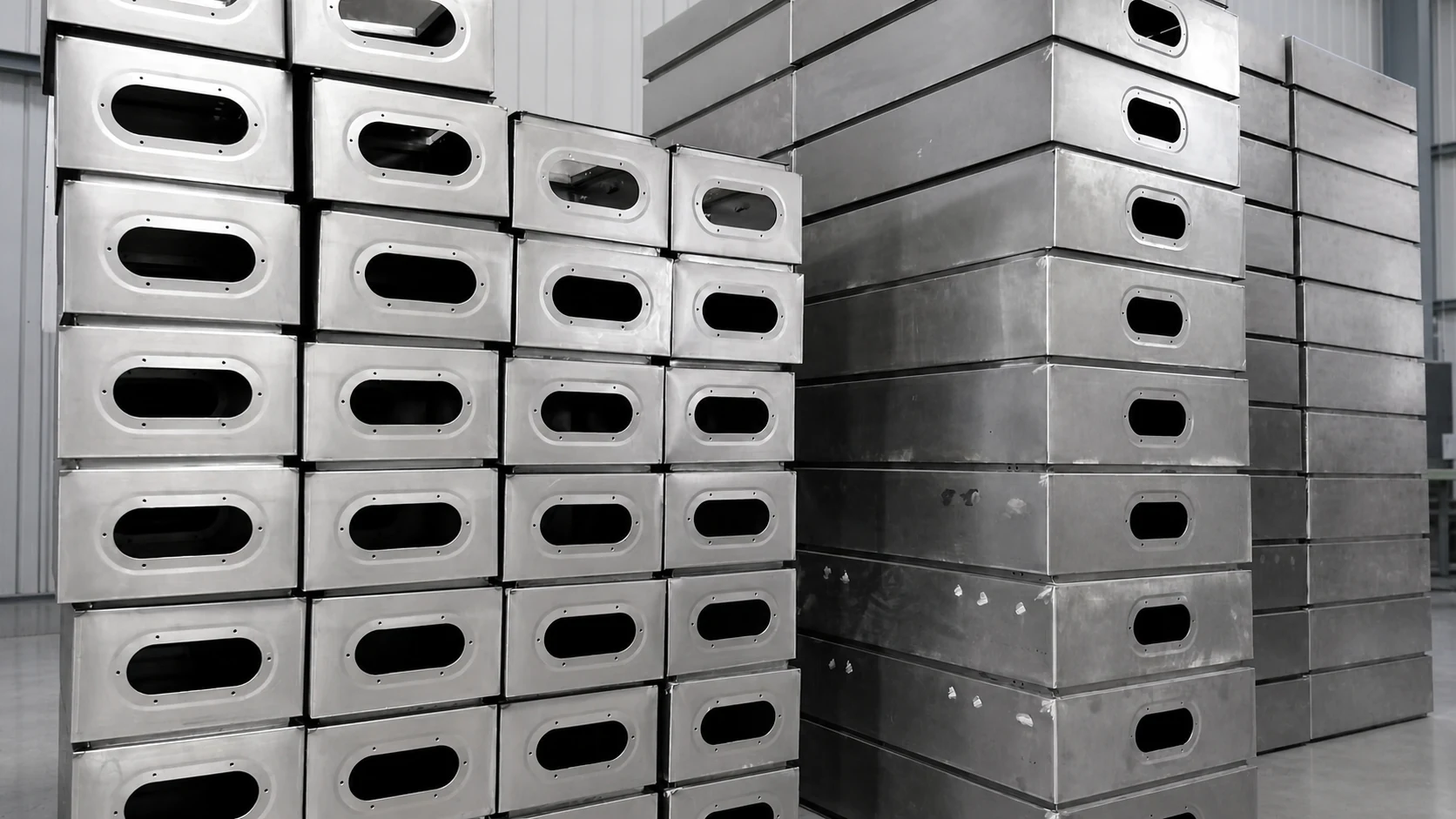 Unfinished custom sheet metal electrical enclosures stacked in a manufacturing workshop