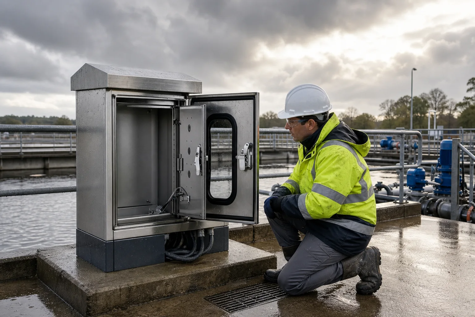 Engineer conducting a de-energized post-rain review of an outdoor electrical enclosure