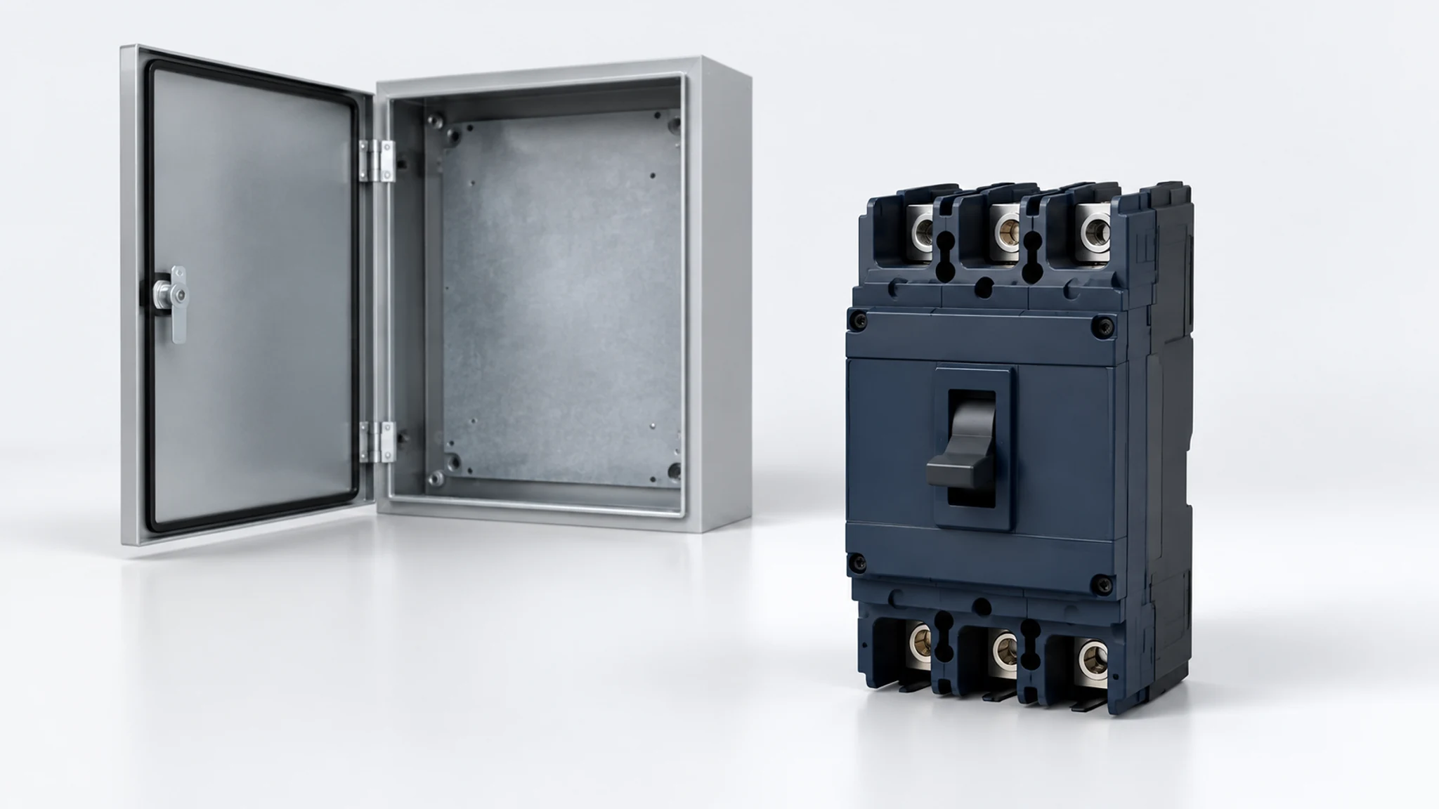Low-voltage circuit breaker beside a metal enclosure and mounting plate.