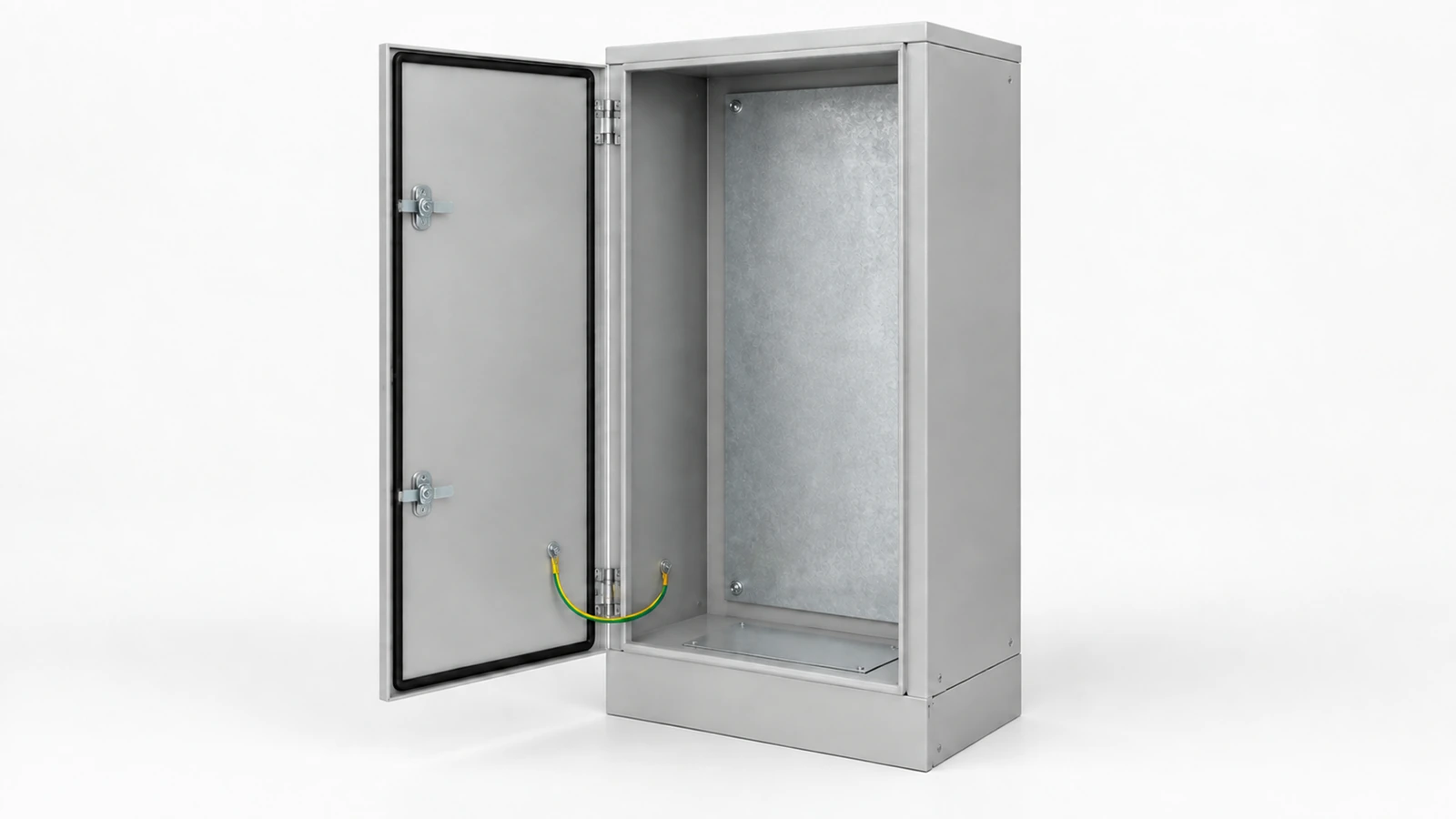 Open metal enclosure showing the door, mounting plate, gland plate and an illustrative door bonding connection.