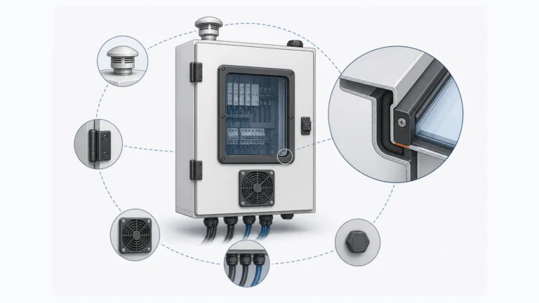 Technical illustration of a complete electrical enclosure with a viewing window, filter fan, cable-entry interfaces, pressure vent, and blanking plug