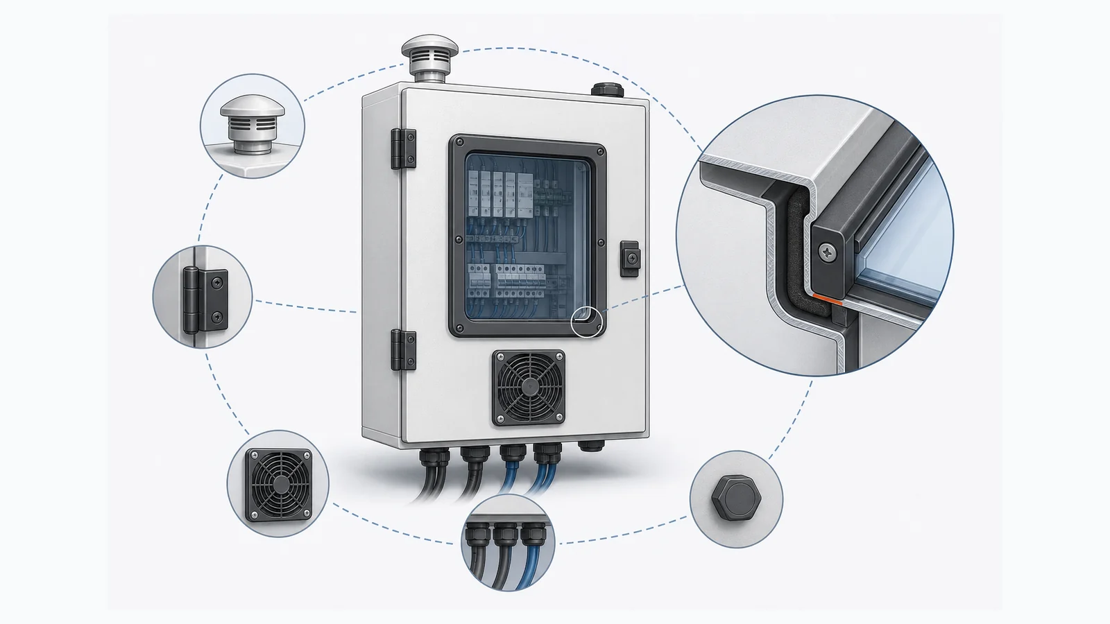 Technical illustration of a complete electrical enclosure with a viewing window, filter fan, cable-entry interfaces, pressure vent, and blanking plug