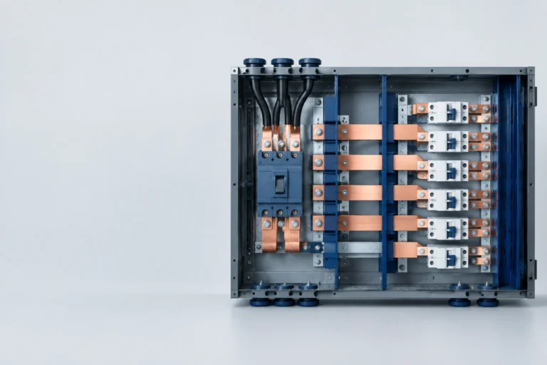 Illustration of copper busbars and branch devices arranged inside an electrical distribution cabinet
