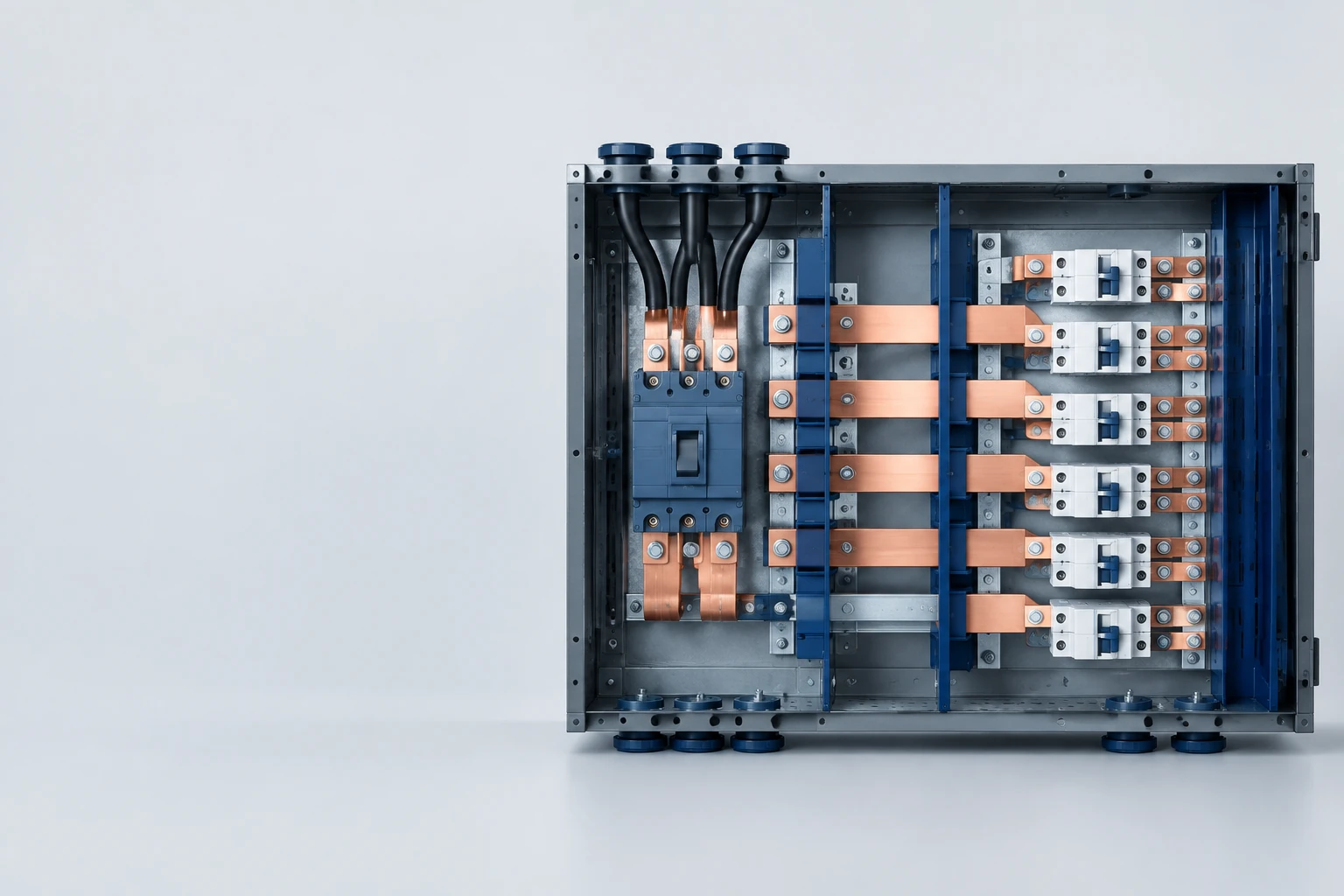 Illustration of copper busbars and branch devices arranged inside an electrical distribution cabinet