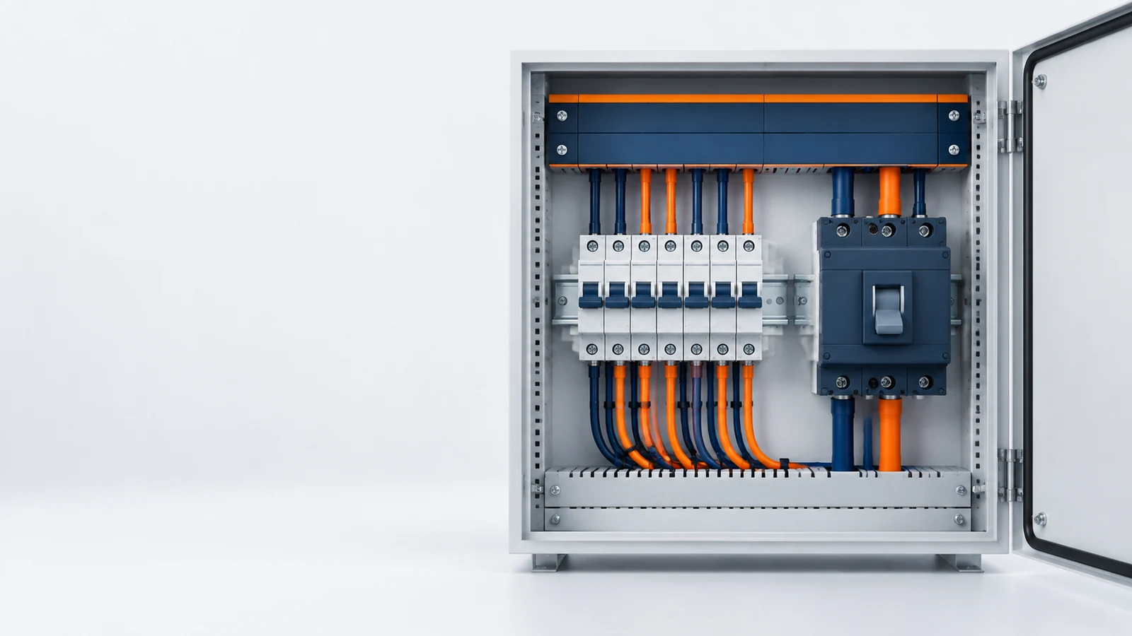 Illustration of miniature and molded-case circuit breakers inside an industrial electrical enclosure.
