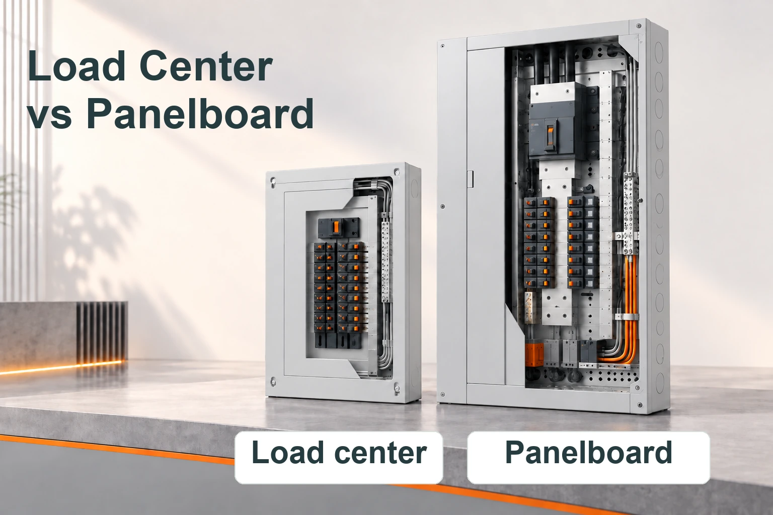 Light-gray load center and configurable panelboard, labeled side by side without misleading detail callouts.