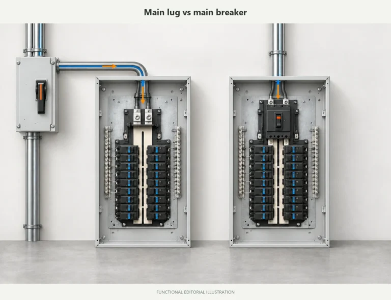 Main lug only and main breaker panels shown as two system configurations