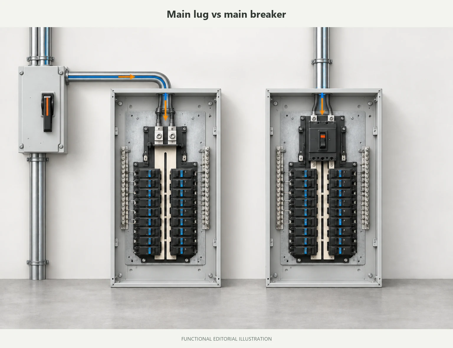 Main lug only and main breaker panels shown as two system configurations