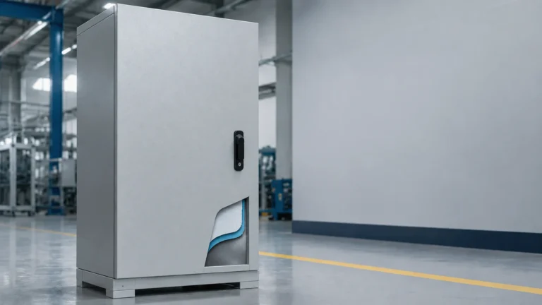 Powder-coated steel electrical enclosure with a full-overlay door and cutaway showing coating and pretreatment layers