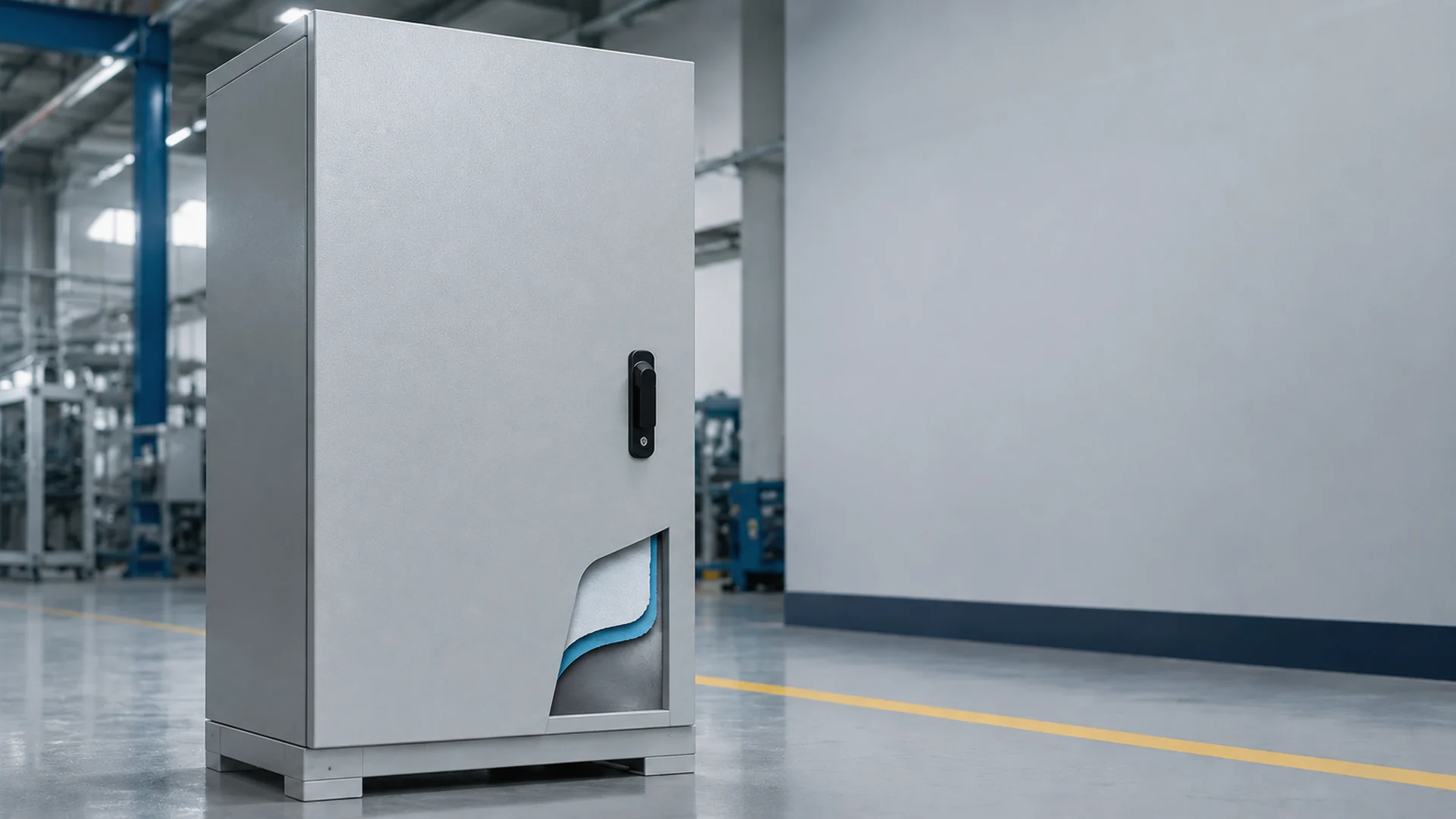 Powder-coated steel electrical enclosure with a full-overlay door and cutaway showing coating and pretreatment layers