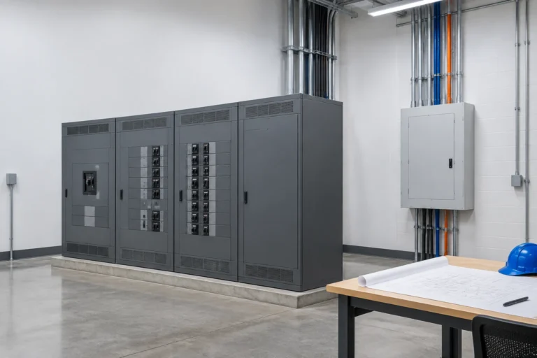 Illustration of a freestanding switchboard beside a wall-mounted panelboard.
