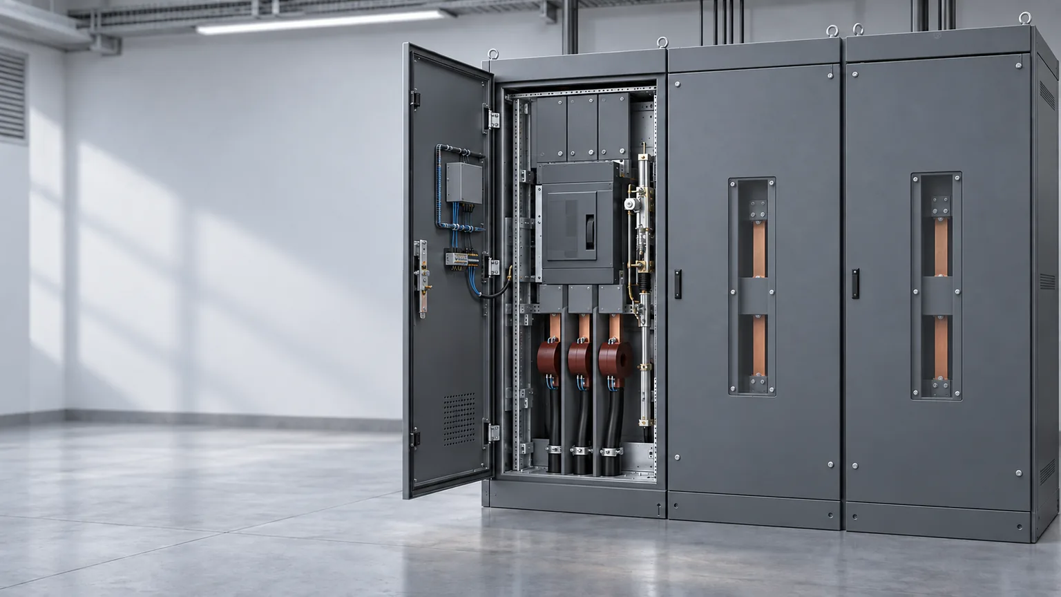 Illustrative switchgear lineup with an open breaker compartment, current sensors, control wiring and internal covers.