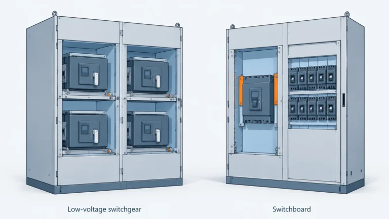 Low-voltage switchgear with separate breaker compartments beside a switchboard with group-mounted feeder breakers.