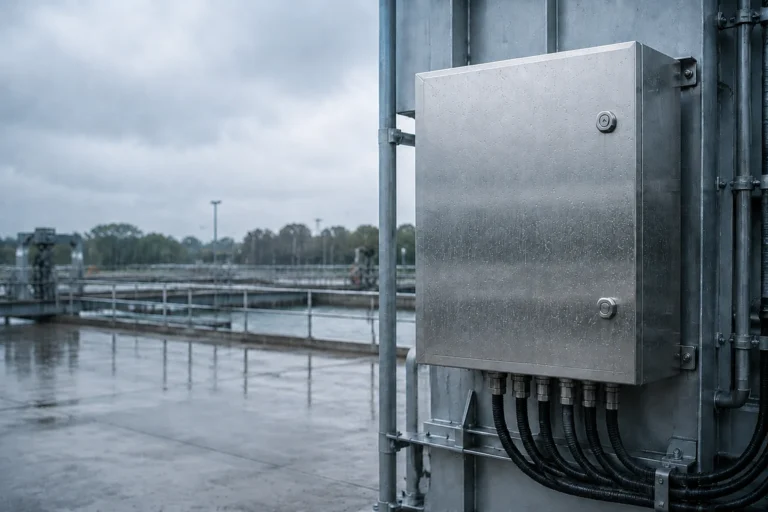Metal waterproof electrical enclosure with a full-overlay door and bottom cable entries installed outdoors in heavy rain.