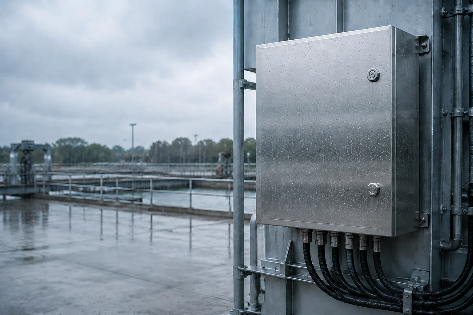 Metal waterproof electrical enclosure with a full-overlay door and bottom cable entries installed outdoors in heavy rain.