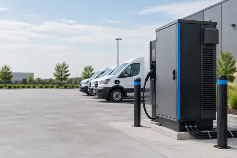 Concept illustration of an outdoor EV charging cabinet at a fleet parking site