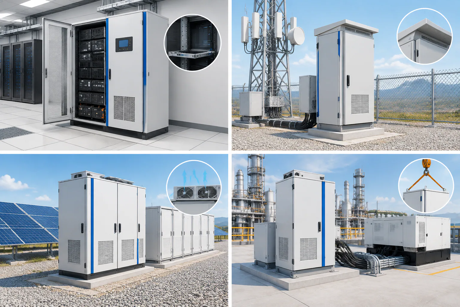 Four industrial battery cabinet applications with different enclosure design priorities