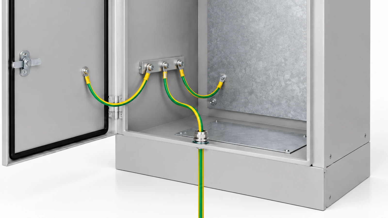 Illustrative door and backpanel bonds connected to a fixed-body bar, with an incoming protective conductor.