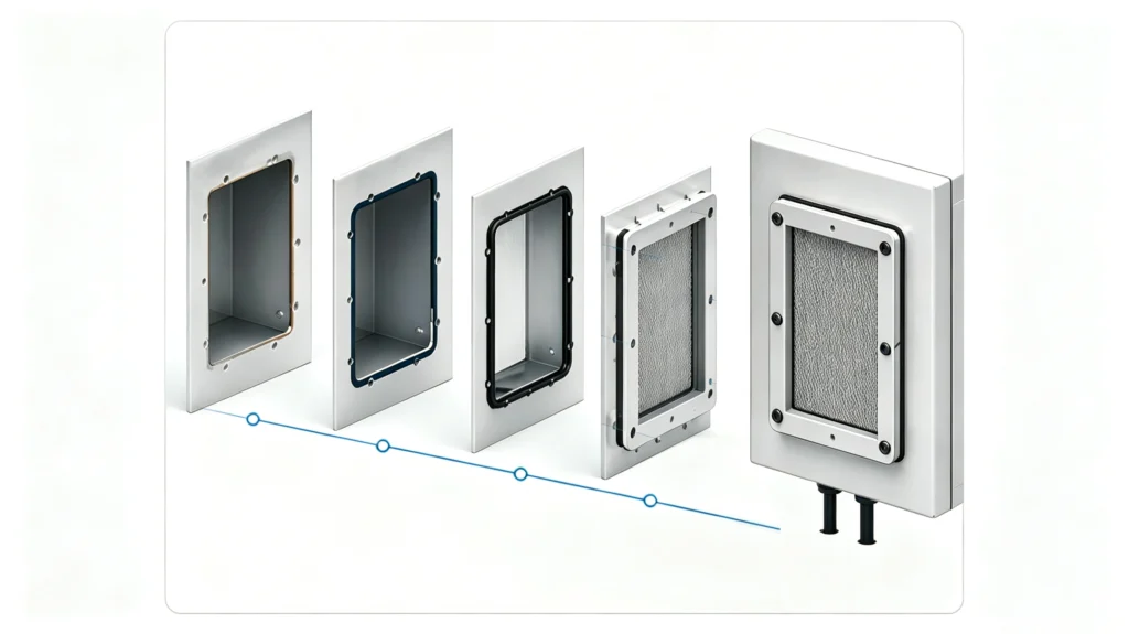 Technical illustration of the five physical elements in an electrical enclosure cutout release check: opening, coated edge, gasket, hardware, and finished assembly