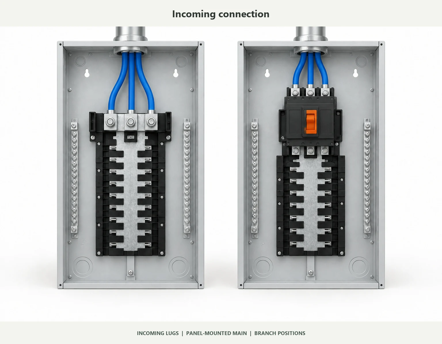 Side-by-side panel interiors showing incoming main lugs and a panel-mounted main breaker
