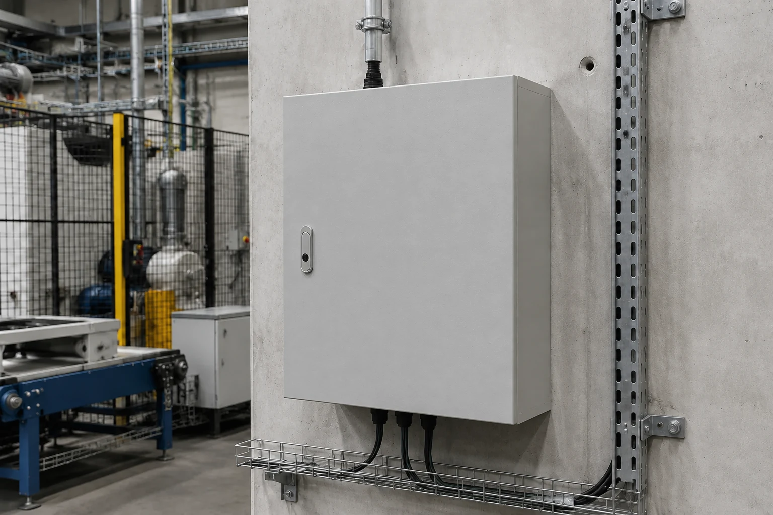 02-powder-coated-steel-enclosure-indoor-industrial-use Wall-mounted powder-coated steel electrical enclosure with a full-overlay door in a dry indoor industrial area