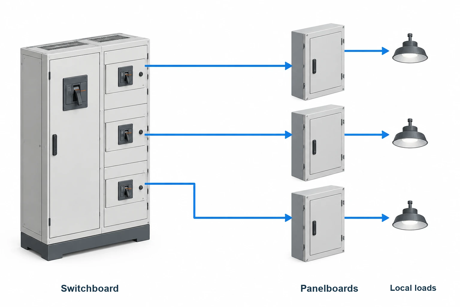 Conceptual diagram of separate switchboard feeders supplying three panelboards and local lighting loads.