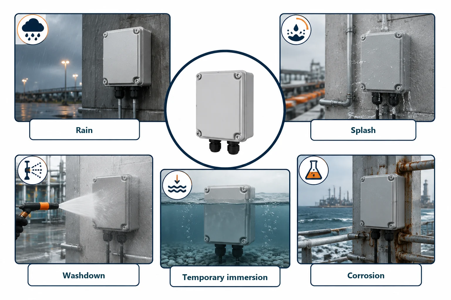 Comparison of enclosure exposure to rain, splash, washdown, temporary immersion, and corrosive conditions.