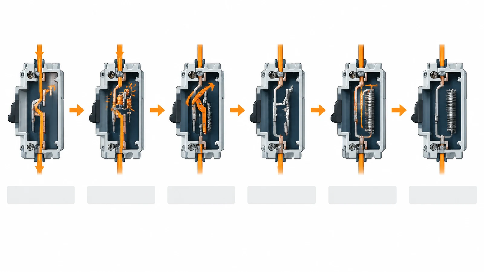 Six-stage circuit breaker diagram showing fault detection, trip release, contact separation, arc control, and current interruption.