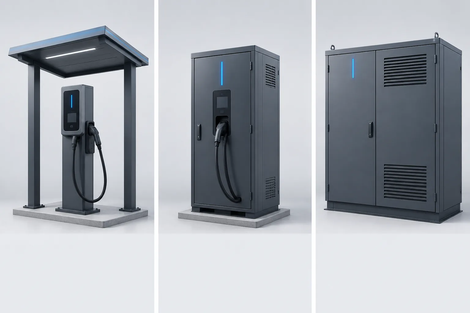 Comparison of an open charger canopy, charger enclosure, and EVSE power cabinet