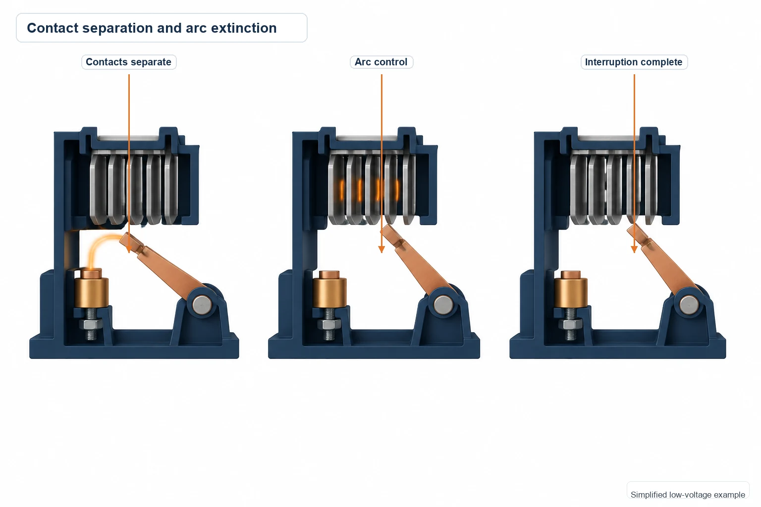 Three breaker contact views showing an opening arc, arc control, and a cleared contact gap.