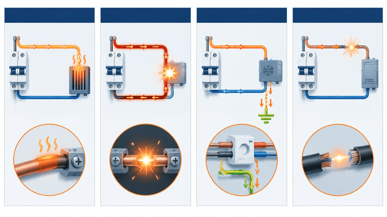 Four-panel diagram comparing electrical overload, short circuit, ground leakage, and arc fault conditions.