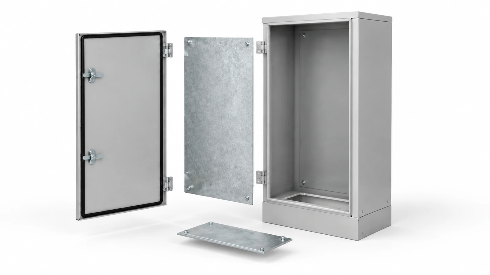 Exploded view of a metal cabinet identifying the body, door, backpanel and removable gland plate.