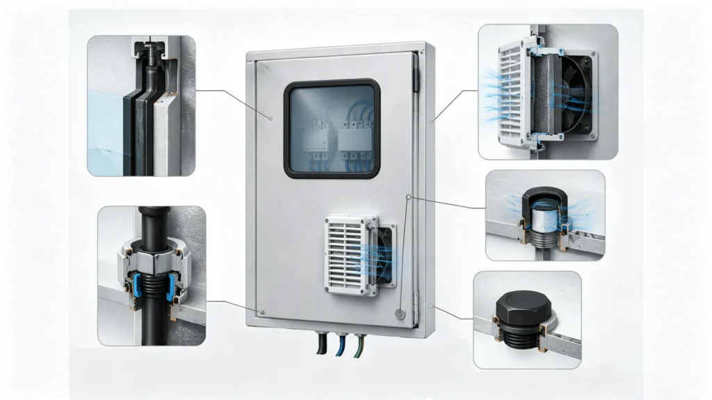 Technical illustration of one electrical enclosure door with a viewing window, filter fan, cable-entry glands, pressure vent, blanking plug, and internal interface details