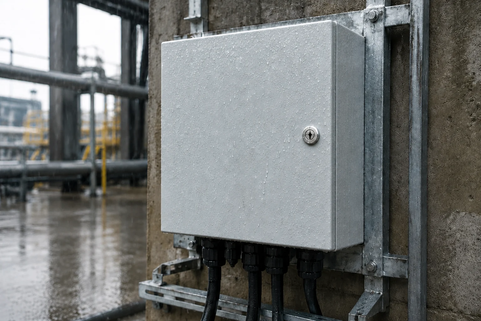 Outdoor metal electrical enclosure with a full-overlay door and sealed bottom cable glands during rainfall.