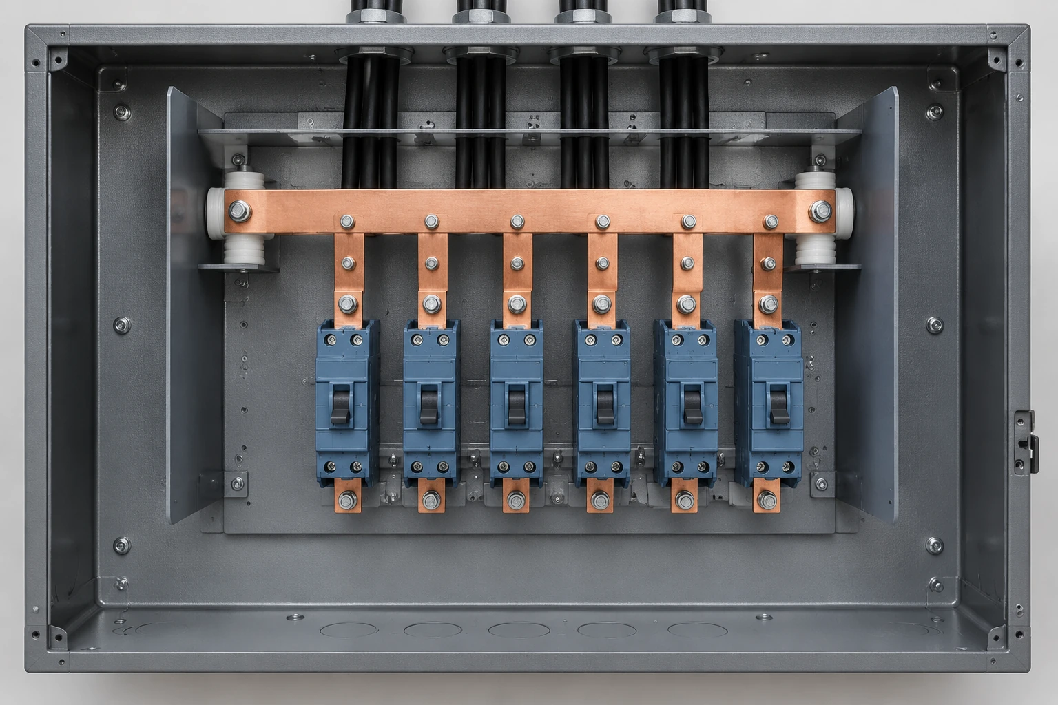 Illustrated panel layout with a horizontal copper busbar above a row of branch devices